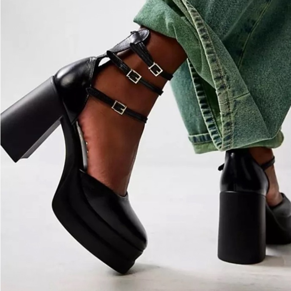 Free People Shoes Brook Buckle Mary Jane Platforms Strappy Retro Black